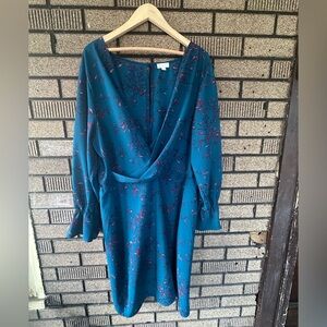 Charming Charlie Midi Dress Faux Wrap Bell Sleeve Long Floral Blue Plus 2X